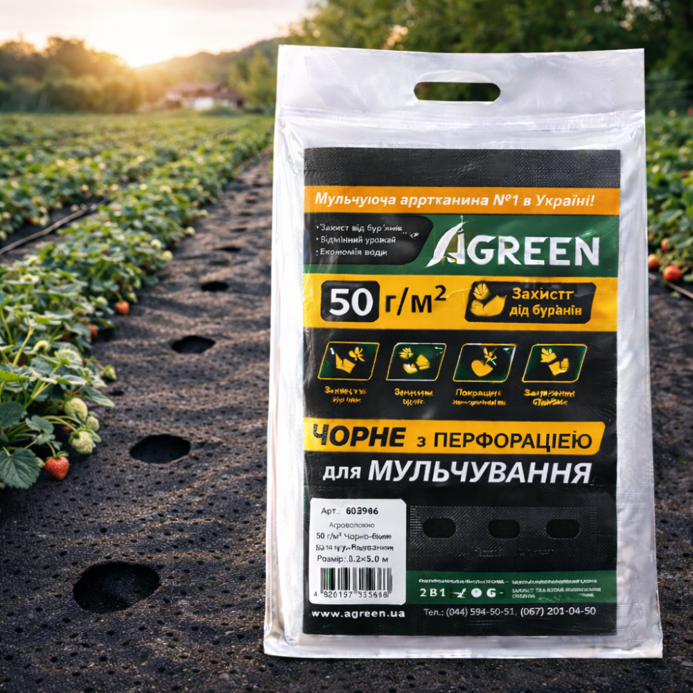 Агроволокно Agreen 50 г/м² чёрное с перфорацией для мульчирования (пакет 1.6×10 м, 3 отверстия) 