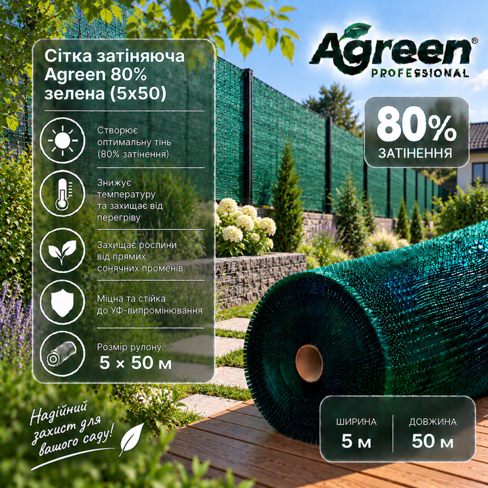 Сітка затіняюча Agreen 80% зелена (5x50)