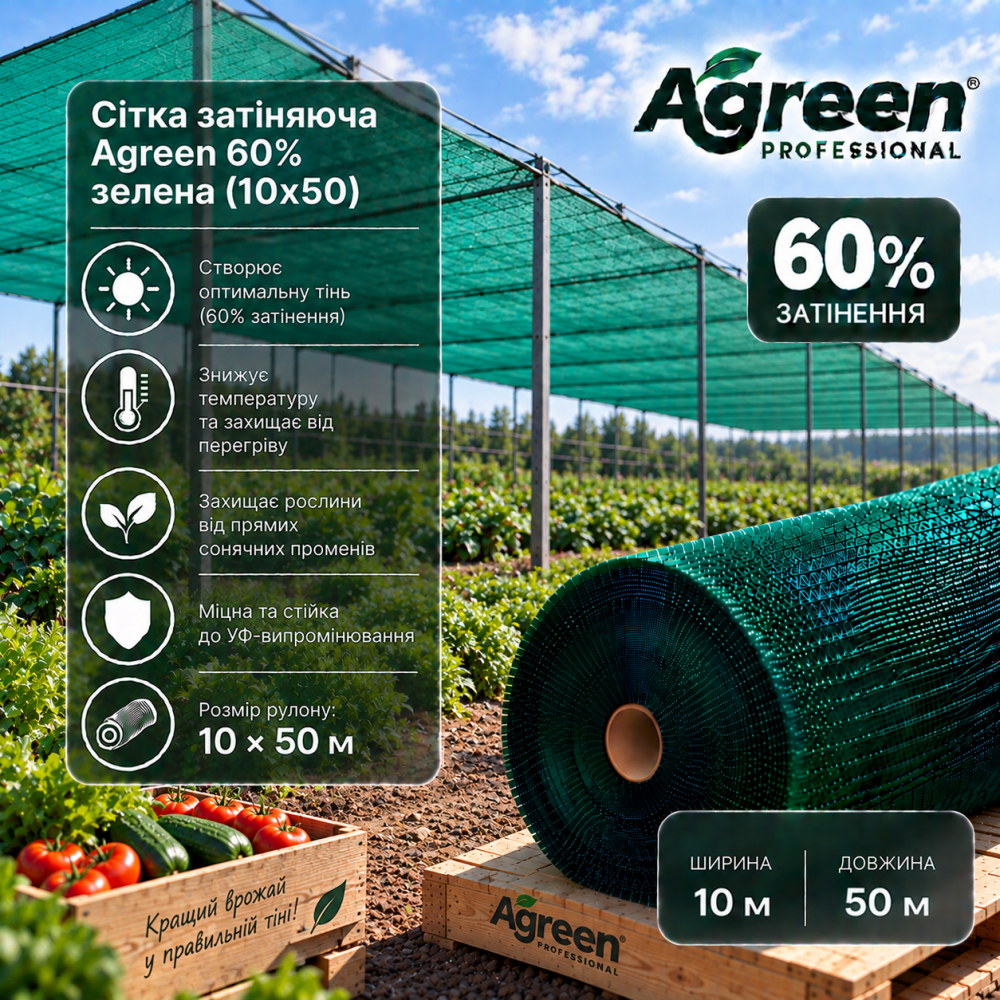 Сітка затіняюча Agreen 60% зелена (10x50) 