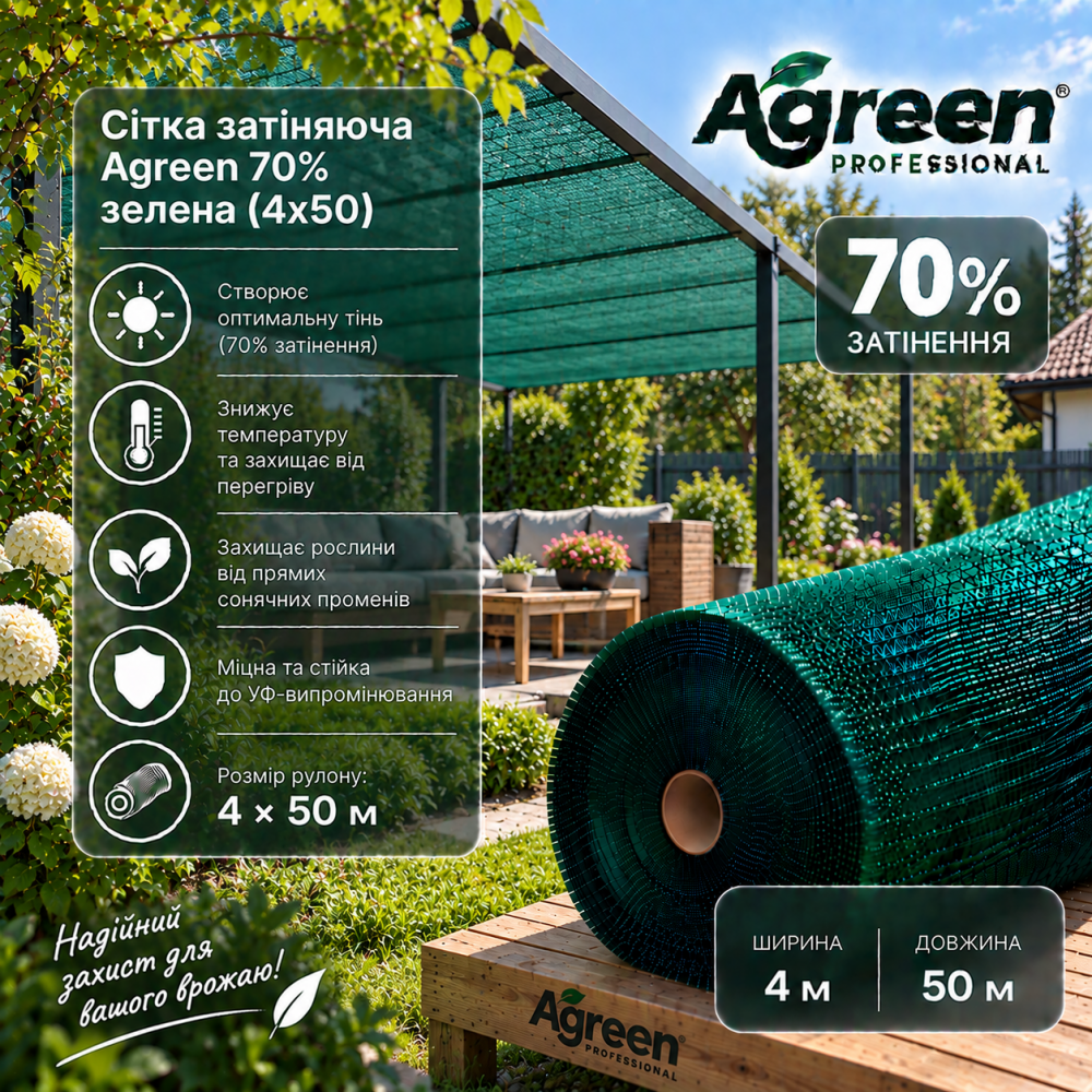 Сітка затіняюча Agreen 70% зелена (4x50) 