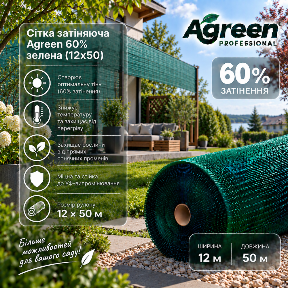 Сітка затіняюча Agreen 60% зелена (12x50) 