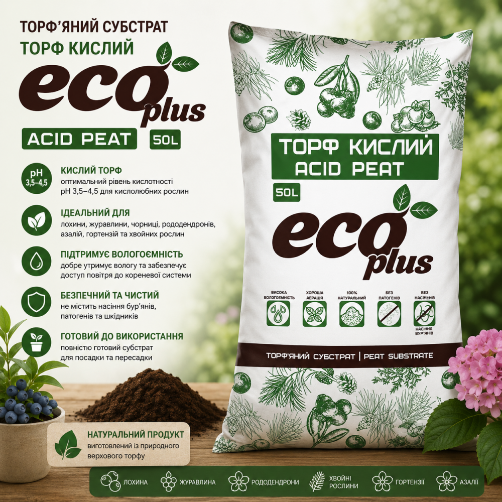 Торф'яний субстрат Eco Plus  Торф кислий 20л | 50л
