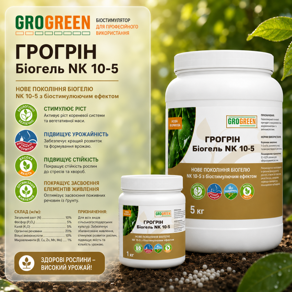 Гелеве добриво ГроГрін Біогель NK 10-5 > GroGreen > 1 кг | 5 кг