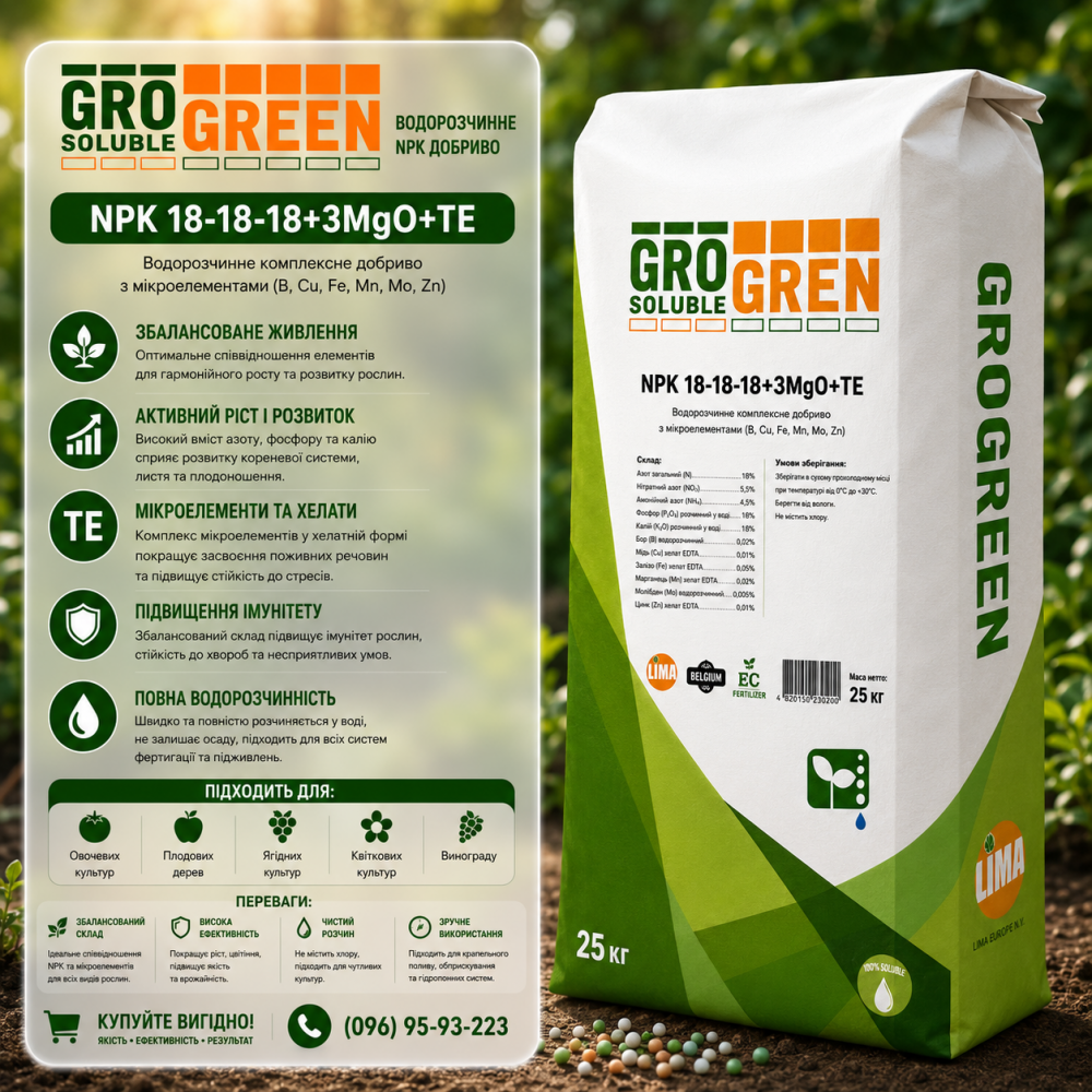 Добриво ГроГрін 18-18-18 > GroGreen > 25 кг