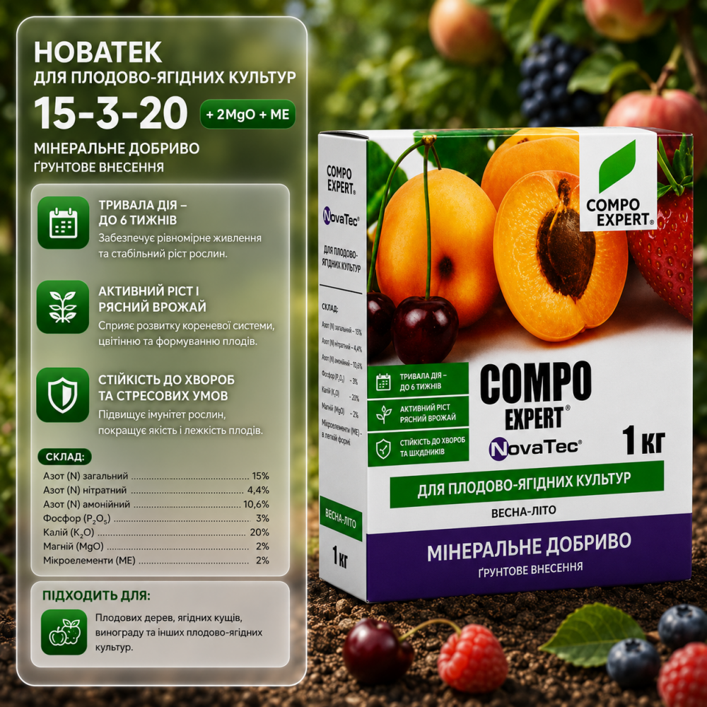 Удобрение Новатек для плодово-ягодных культур 15-3-20 > 1 кг