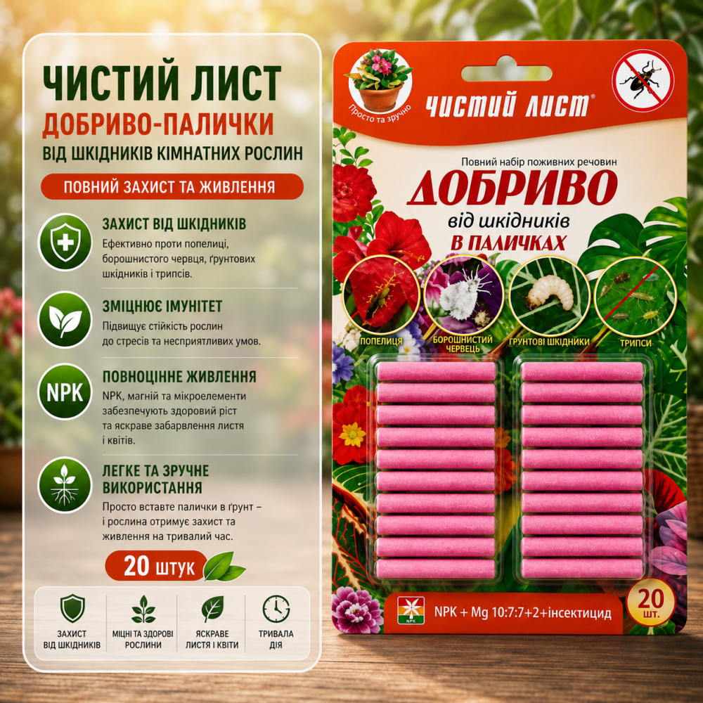 Добриво-палички «Чистий Лист» від шкідників кімнатних рослин > 20 шт